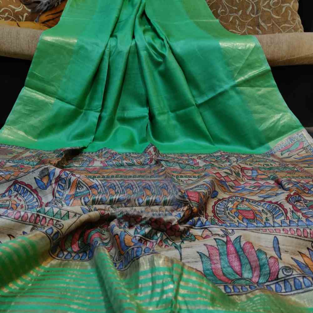 Tussar Ghicha Saree with Staple Jari Border and Madhubani Print in Mint Green